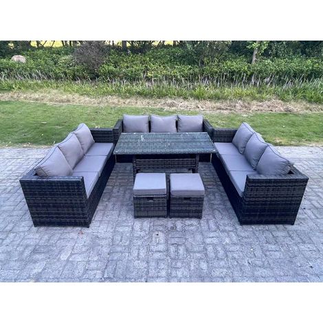 Fimous – 11 seater outdoor wicker garden furniture set – rattan lounge sofa with 2 footstools – rectangular dining table 140x80cm – dark grey mixed (1/5)
