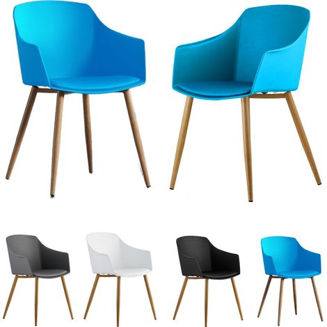 Set of 2 Eden Modern Plastic Dining Chairs with Faux Leather Cushions and Solid Wood Legs - Armchair for Dining Room Kitchen Office - Blue (1/5)