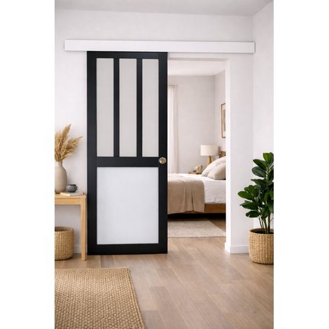 Porta Scorrevole Officina Nera e Pannelli Vitree Bianchi H204 x L83 + Binario in Alluminio Profilo Bianco e 2 Gusci