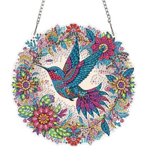5D Diamantmalerei Anhänger mit Kette, Vogel & Kranz, Fensterdeko Bastelset