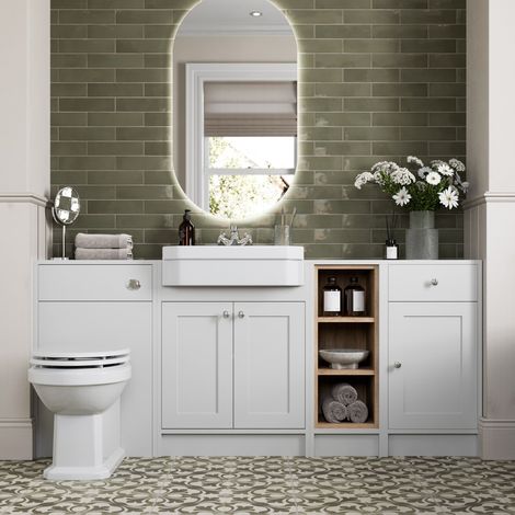 1820mm Bathroom Vanity Unit Toilet Semi-Recessed Basin Shelf Storage Freestanding Traditional Chrome Handles, White (1/5)