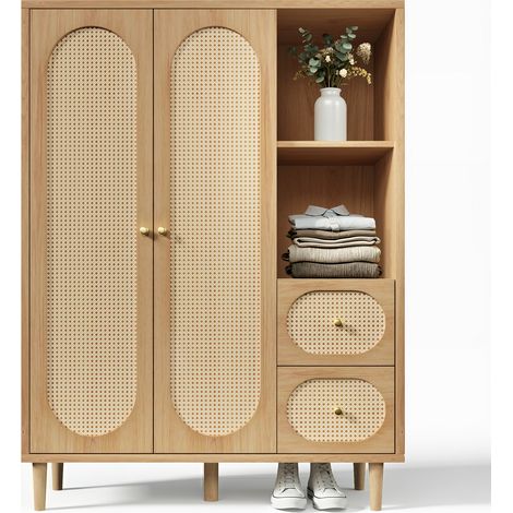Kleiderschrank mit 2 Türen, 2 Schubladen, Offenen Regalen und Kleiderstange, für Schlafzimmer oder Flur, Holz, Eiche, 120x44x161 cm (1/5)