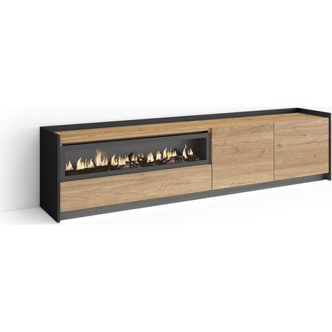 Skraut Home - Mueble TV, Televisión, Muebles de salón, almacenaje, 207x37x50cm, Para TV hasta 80", Chimenea eléctrica, LED, Estilo Moderno, Roble y negro (1/5)