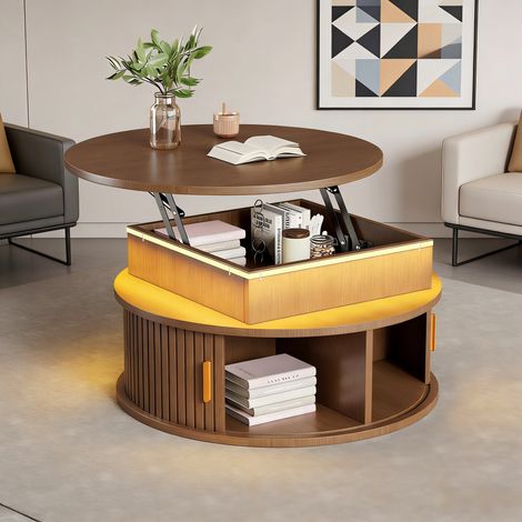 Table basse ronde réglable en hauteur (75x75x52cm), table d'appoint lumineuse LED, table à thé avec rangement caché et 2 portes coulissantes, finition noyer, meuble gain de place (1/5)