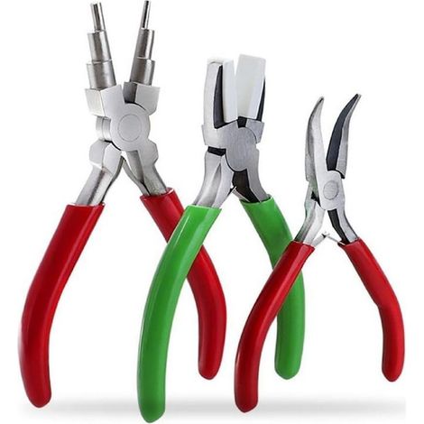 Lot de 3 pinces à bijoux, kit pratique de réparation de collier de bijoux, outils de bricolage, pince coudée sans dents, pince à bec plat en nylon, pince à enrouler (vert + rouge + argent) (1/5)