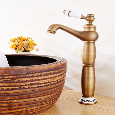 Lavabo en Laiton Antique avec Robinet Mitigeur Monocommande Pivotant 360°, Style Vintage pour Salle de Bain, Finition Jaune - AUTRES (1/4)