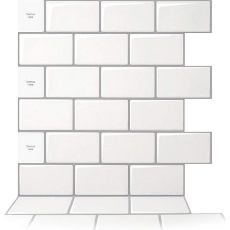 10-piece Adhesive Backsplash for Kitchen, Self-Adhesive Wall Tiles for Kitchen and Bathroom, Kitchen Stickers, White with Grey Grout, 30.5 x 30.5 cm (1/5)