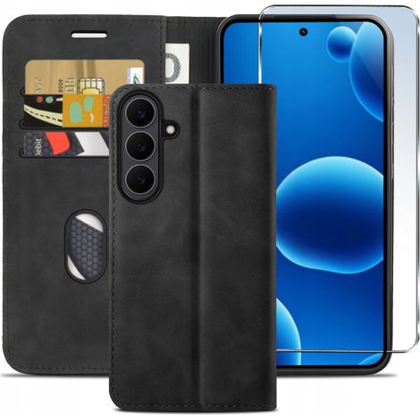 Custodia a libro per Samsung S25 FE con chiusura magnetica, in pelle nera e vetro. (1/5)