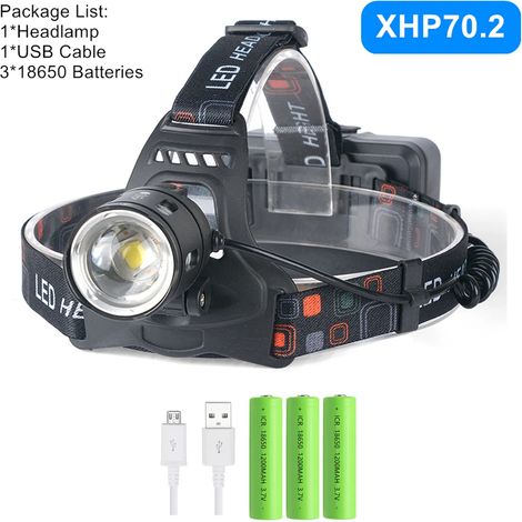 (Pack G) Lampe frontale LED puissante XHP70.2 XHP50.2 avec zoom, lampe torche, batterie 18650 rechargeable USB, lanterne de pêche (1/5)