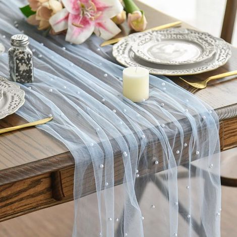 Nappe bleu clair à perles blanches, en maille douce et soyeuse, 76 x 305 cm, idéale pour les mariages, les fêtes et la décoration de table. (1/5)