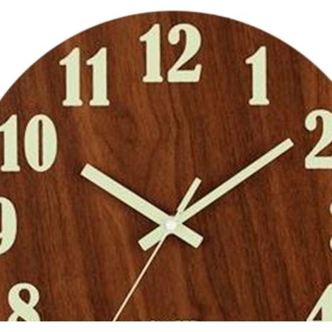 Horloge murale ronde silencieuse de 30 cm (12 pouces), chiffres lumineux, panneau en bois, affichage par aiguilles, pour la maison