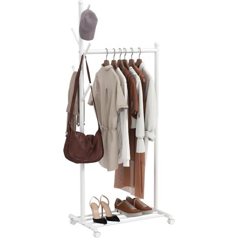 Portant à vêtements à roulettes, penderie mobile avec tringle, 5 crochets, étagère à chaussures, blanc