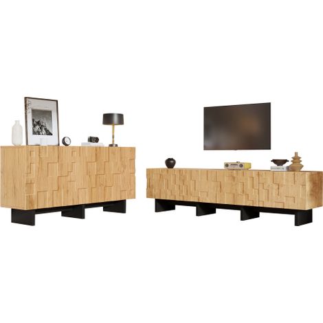 Ensemble salon : enfilade 140x40x70cm + meuble TV 180x38,5x45cm à 4 portes, couleur bois naturel avec accents noirs, pour TV 75 pouces (1/5)