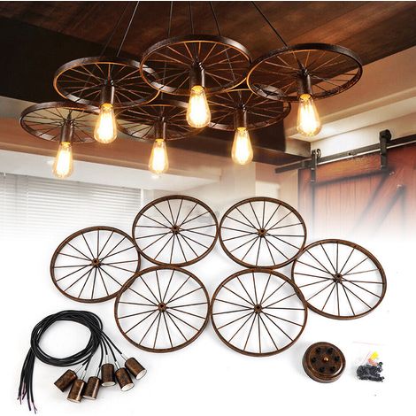 Lustre Industriel Suspension Lampe Métal Roue Suspension Lampe Rétro Tuyau E27 Loft (sans ampoule) (1/5)