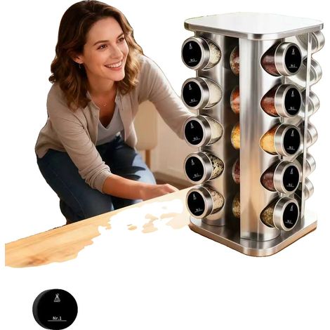 Estante para especias, giratorio 360°, para botellas de vidrio herméticas, 20 piezas cuadradas (1/2)