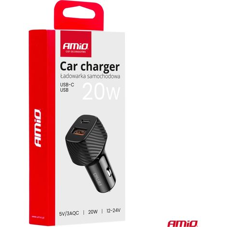 Chargeur de voiture QC+PD 20 W USB-A + USB-C AMIO-04282 (1/2)