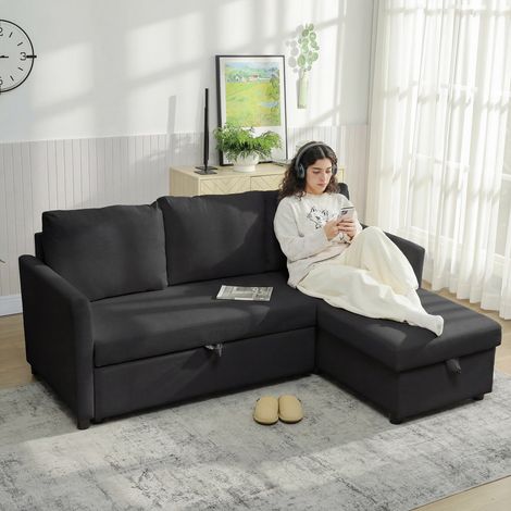 Canapé d'Angle Convertible, Canapé-Lit 3 Places 192 cm avec Méridienne Réversible, Rangement Caché, Gris Anthracite (1/5)
