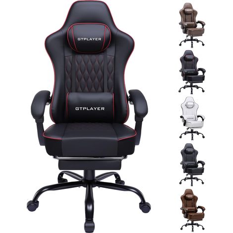 Chaise Gaming Ergonomique, Synchrone, Accoudoirs Réglables, Coussins Lombaire/Tête, Siège Épais Tissu - Noir Rouge
