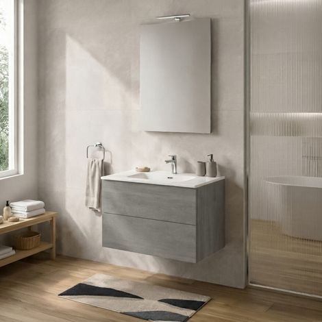 Mobile bagno sospeso 80 cm grigio due cassetti push-pull e lavabo Tierra (1/5)