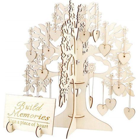 Cadre Arbre en Bois pour Livre d'Or avec Support - Registre de Mariage Rustique Unique incluant 100 Cœurs en Bois (1/5)