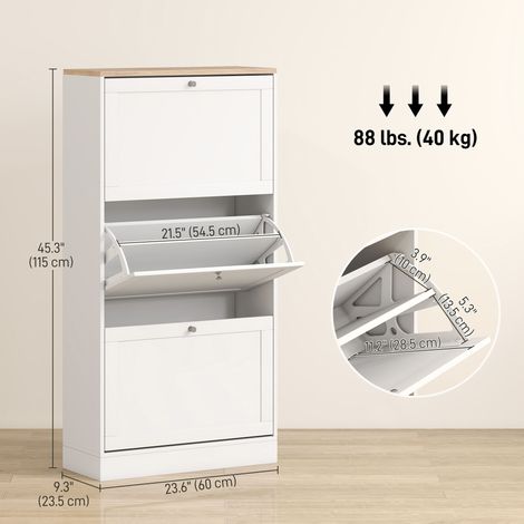 Meuble à chaussures moderne blanc avec 3 tiroirs à ouverture rabattable et étagères réglables, pouvant contenir 18 paires de chaussures. (1/5)