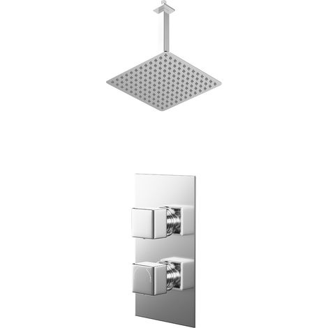 Cubix Polished Chrome Concealed Twin Thermostatic Shower Valve and 300mm Thin Square Fixed Head with 300mm Ceiling Arm - 1 Outlet (1/5)