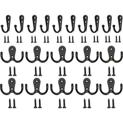 Crochets à visser, crochets muraux, lot de 10 crochets simples + 10 crochets doubles avec 40 vis. Crochets muraux noirs vintage compatibles avec salle de bain, dressing, etc. (1/5)