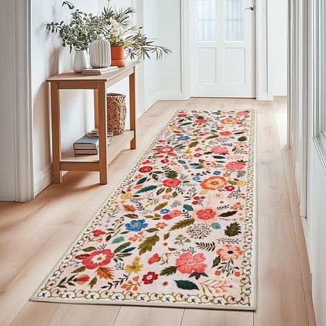 Tapis Couloir Lavable en Machine, Tapis de Passage à Poils Courts, Motif Floral Vintage, à Poils Courts, Idéal pour Cuisine, Salon, Chambre, Bureau ou Chambre d'enfant, Beige et Rose, 80x150cm (1/5)