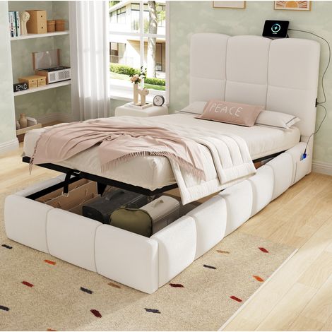 REDOM - Cama infantil - 90x200 cm - con almacenamiento hidráulico - somier - cabecero y puerto USB bouclé - beige (Sin colchón) (1/5)