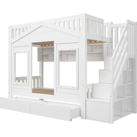Cama alta infantil 90x200 cm con escalera de almacenaje, barrera, casa, pino blanco (1/5)