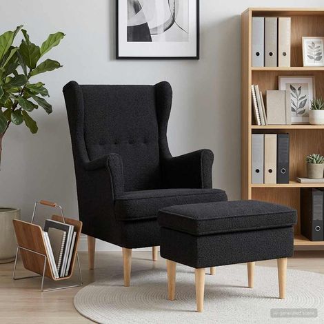 vidaXL Fauteuil avec pouf 2 pc Noir Bouclé (1/5)