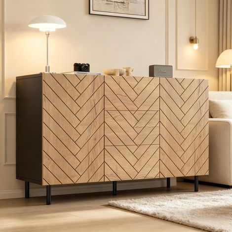 Buffet Bahut 120 cm, Meuble de Rangement avec 3 Tiroirs et 2 Portes, Style Vintage pour Salon, Couleur Bois et Noir