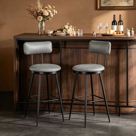 lot de 2 - Tabouret de bar – structure métal noir – Accoudoirs ergonomiques – robuste et élégant – PU gris (1/5)