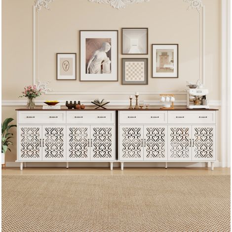 Credenza bianca in pannelli di particelle con 4 ante intagliate, 2 cassetti e ripiani regolabili (1/5)