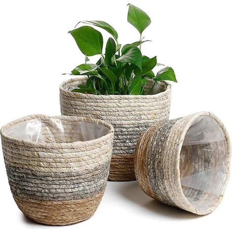 Pot de fleurs décoratif en paille tressée, jardinière en paille (1/5)
