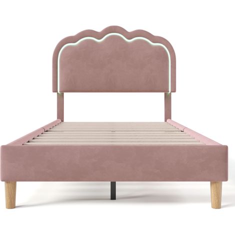 LED-Polsterbett 90 x 200 cm aus rosa Samt mit verstellbarem Kopfteil und Lattenrost (1/5)