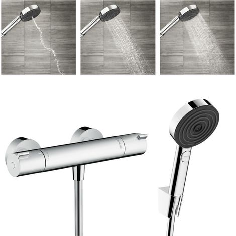 Hansgrohe Ecostat Thermostat-Brausemischer + Handbrause XXL 105mm 3-strahlig, Brauseschlauch 125cm, Wandhalterung