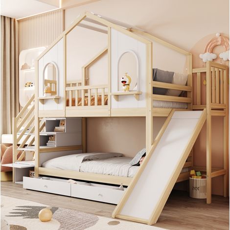 Letto a castello per bambini 294x96x221.5 cm, a forma di casa con scivolo, scale contenitore, legno, naturale e bianco (1/5)