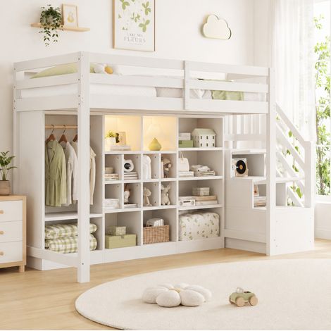 Letto a soppalco 90x200 cm bianco in legno con armadio e luci LED (1/5)