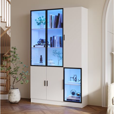 Vitrine mit LED und Glastüren 120x35x200 cm Weiß OKMYHOME (1/5)