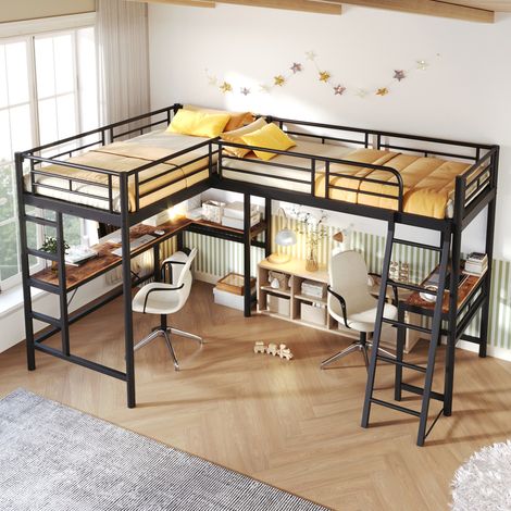 Lit mezzanine 90x200cm - 2 couchages + bureau + double échelle - métal - noir (1/5)