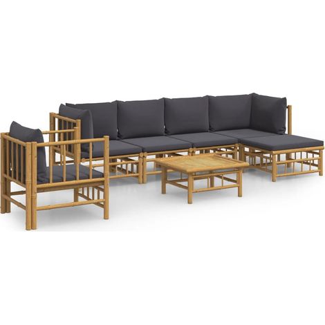 Salon de jardin 7 pcs avec coussins gris foncé bambou (1/5)