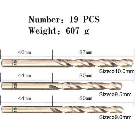 Coffret de 19 forets en cobalt (1,0-10 mm) M35, forets carbure à 5 % de cobalt, forets hélicoïdaux HSS, ensemble de forets métriques (1/4)