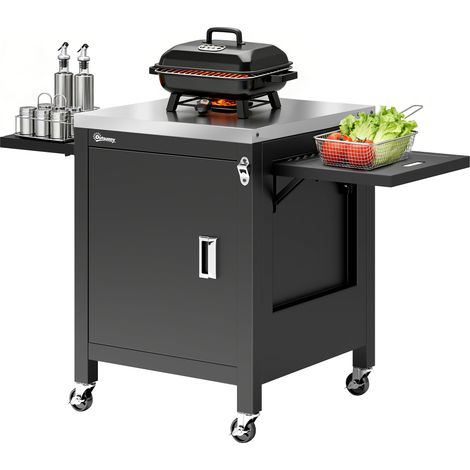 Desserte jardin chariot de barbecue sur roulettes plateau en acier inoxydable Porte-Serviettes, 140,5 x 68 x 89 cm Noir (1/5)