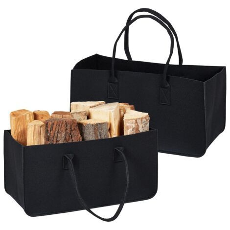 Set of 2 Black Felt Bags for Groceries, Fireplace Logs, Newspaper Basket Storage Bag, for Firewood, 28 Liters, with Handles, Black (1/5)