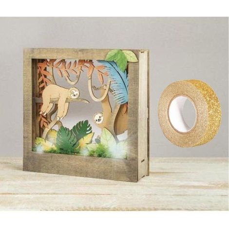 Cadre bois à motif 3D Paresseux 24 x 24 cm + masking tape doré à paillettes 5 m (1/2)