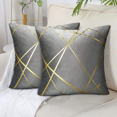 Canapé en velours gris 2 pièces, 45x45cm, motif géométrique lignes dorées (1/5)
