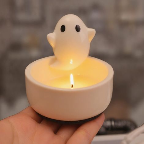 7,2 x 7,5 cm,Bougeoir en céramique , motif fantôme mignon, thème Halloween, blanc, plateau festif, crée une ambiance de fête, bougeoir universel.
