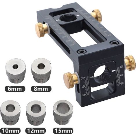 Dima di foratura per la lavorazione del legno 2 in 1, dima tascabile regolabile, kit guida per trapano a 5 fori (6/8/10/12/15 mm), kit di tasselli a vite per telaio del letto (1/4)