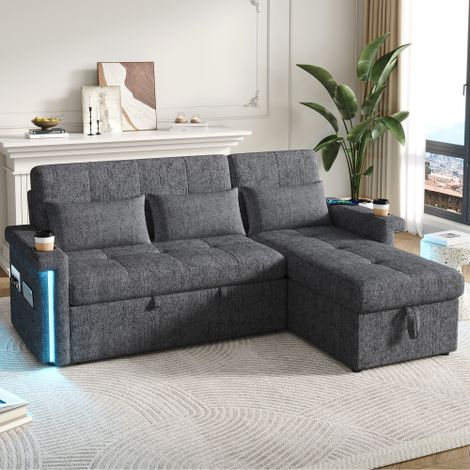 Canapé d'angle L convertible en lit avec LED, port USB, dossier réglable, coussins et tablette, gris chenille (1/5)